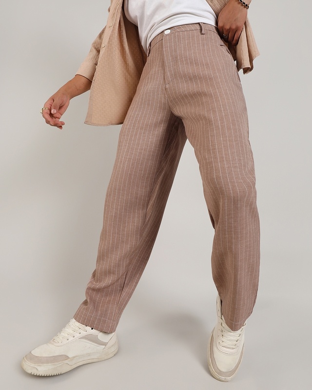 Shop Men's Tan Brown Striped Pants-Front