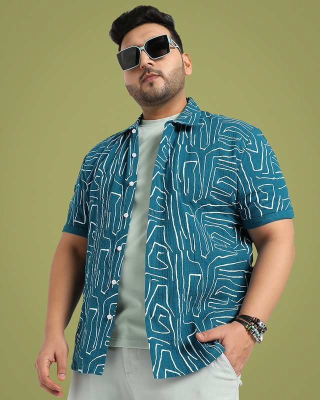 Shop Men's Teal Blue Abstract Lines Printed Oversized Plus Size Shirt-Front