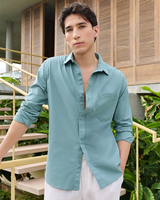 Shop Men's Teal Blue Cotton Linen Shirt-Front
