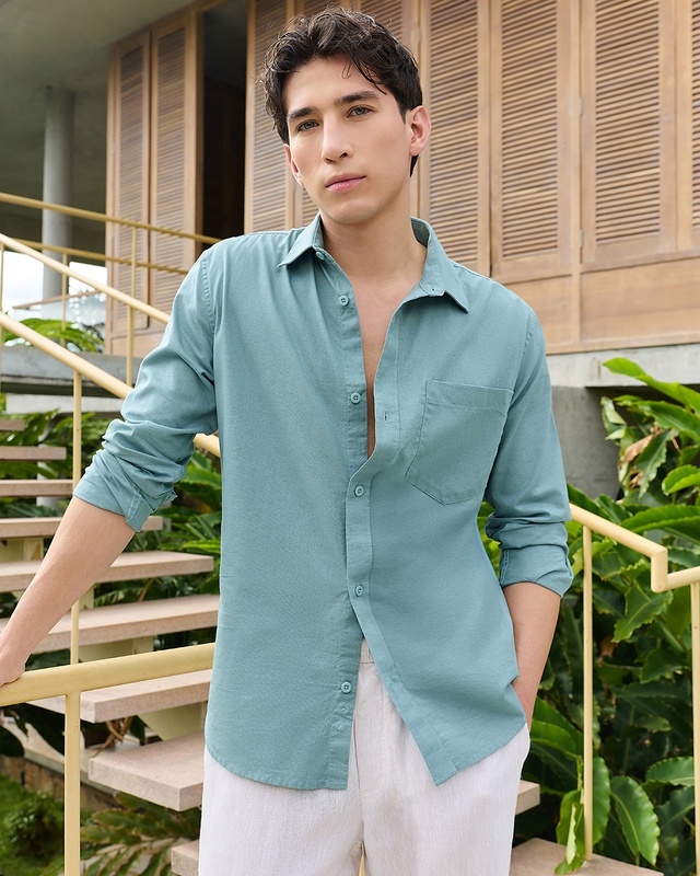 Shop Men's Teal Blue Linen Shirt-Front