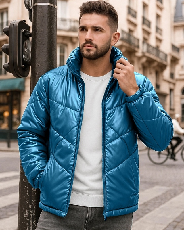 Shop Men's Teal Blue Oversized Puffer Jacket-Front