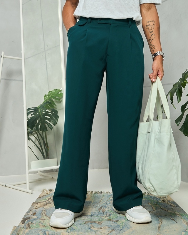 Shop Men's Teal Blue Wide Leg Korean Pants-Front
