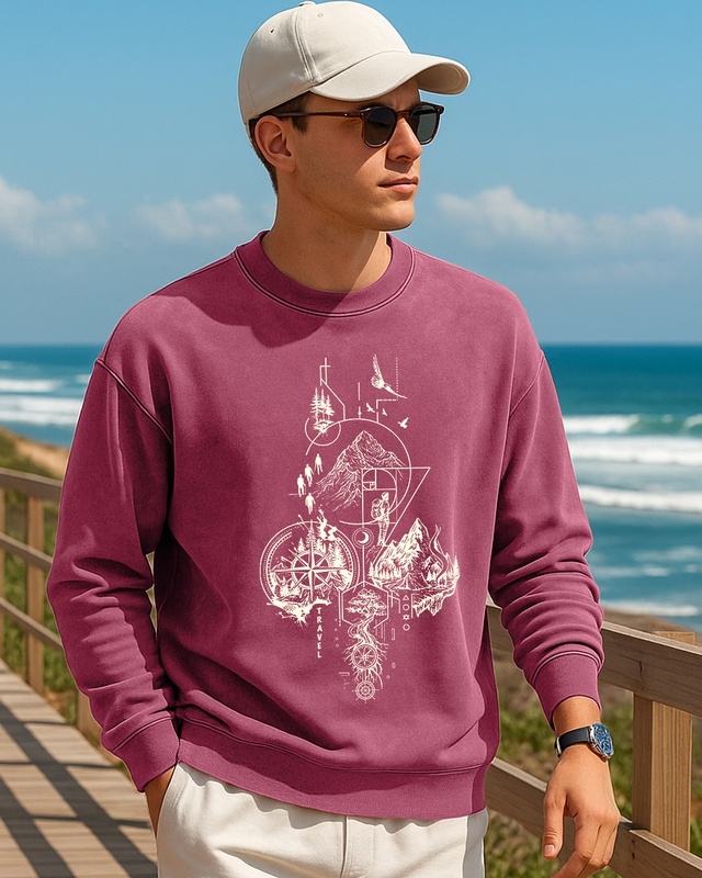 Men's Tibetan Red Travel Graphic Printed Oversized Acid Wash Sweatshirt-Front Bewakoof Shop Men's Tibetan Red Travel Graphic Printed Oversized Acid Wash Sweatshirt-Front