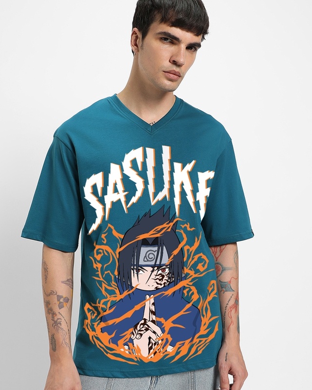 Shop Men's Titan Blue Sasuke Graphic Printed Oversized T-shirt-Front
