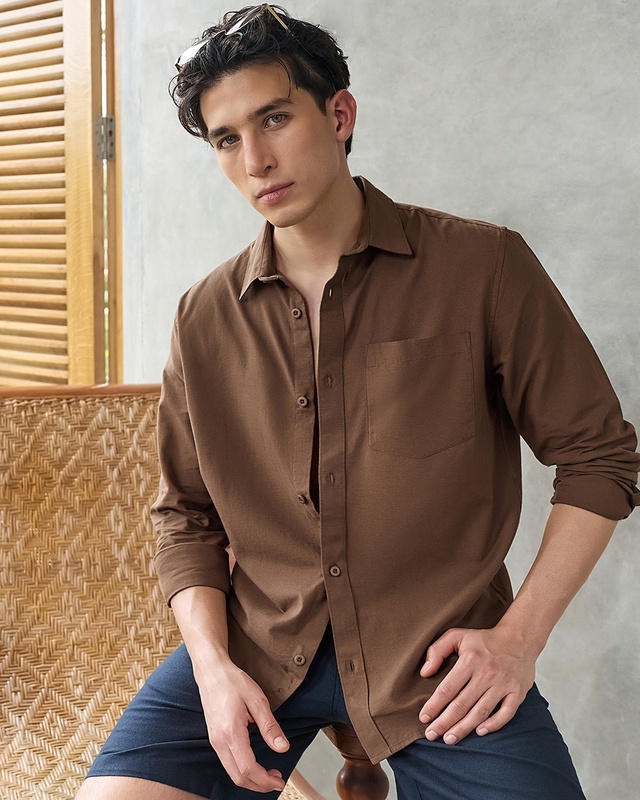 Shop Men's Toffee Brown Cotton Linen Shirt-Front