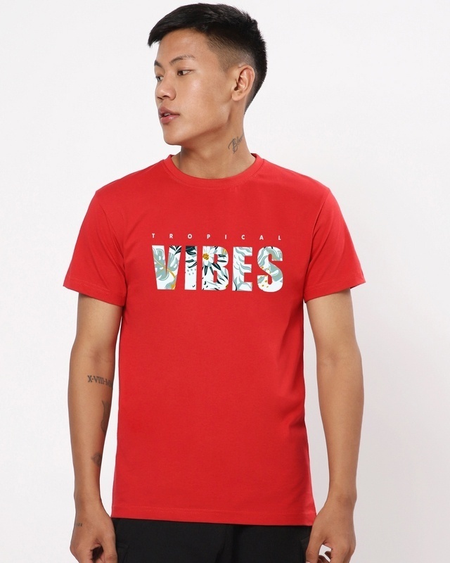 Shop Men's Red Tropical Vibes Typography T-shirt-Front