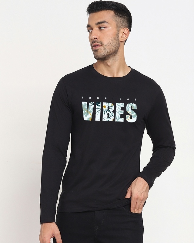 Shop Men's Black Tropical Vibes Typography T-shirt-Front