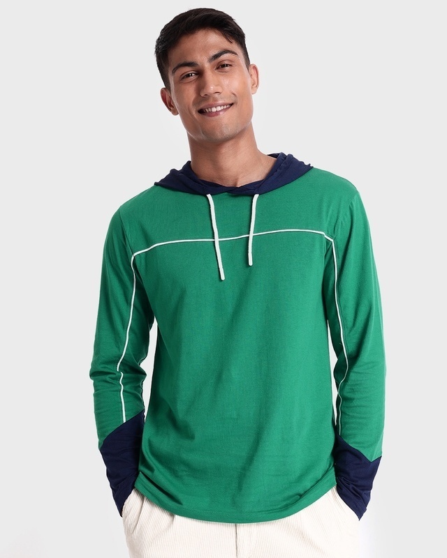 Shop Men's Green & Blue Color Block Hoodie T-shirt-Front
