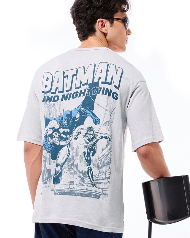 Shop Men's Vapour Blue Batman & Nightwing Graphic Printed Oversized T-shirt-Front