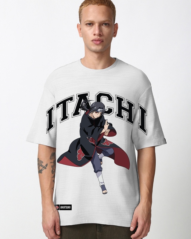 Shop Men's Vapour Blue Itachi Akatsuki Graphic Printed Oversized T-Shirt-Front