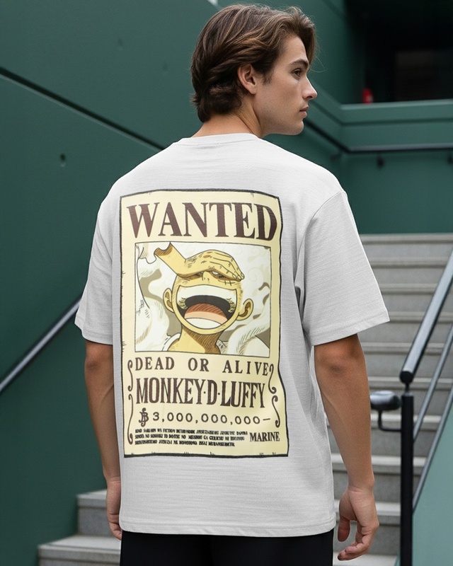 Shop Men's Vapour Blue Wanted Luffy Graphic Printed Oversized T-shirt-Front