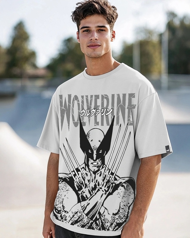 Shop Men's Vapour Blue Wolverine Graphic Print Oversized T-shirt-Front