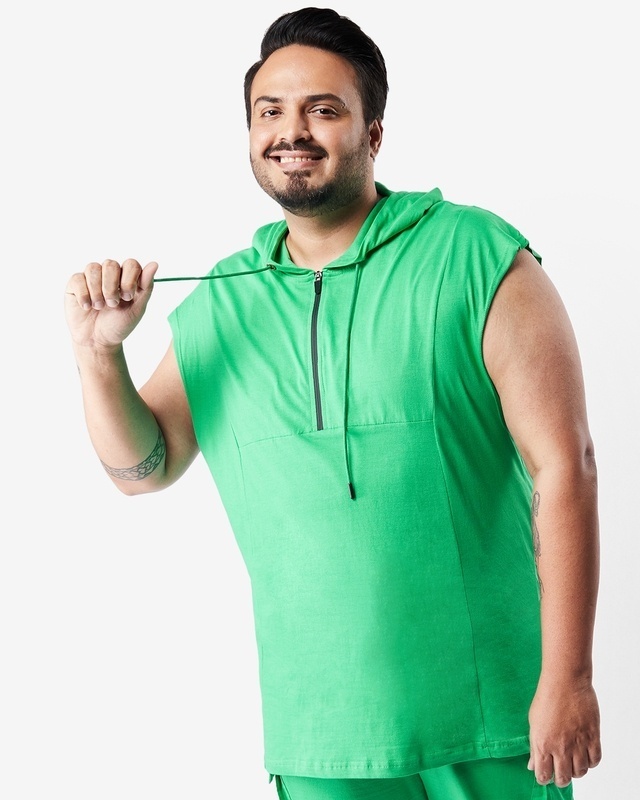 Shop Men's Varsity Green Extended Shoulder Plus Size Oversized Hoodie Vest-Front