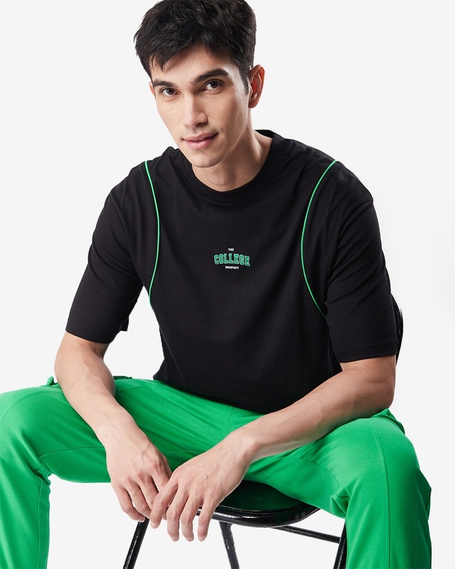 Shop Men's Black College Typography Oversized Piping T-shirt-Front