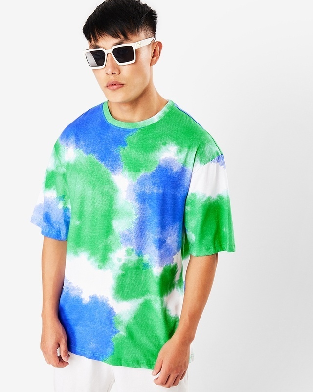 Shop Men's Varsity Green Tie & Dye Oversized T-shirt-Front