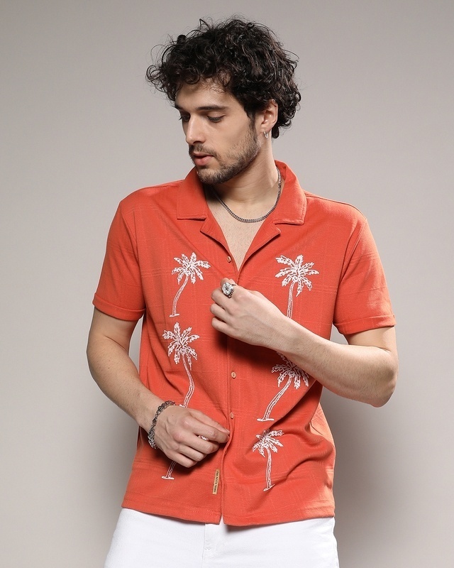 Shop Men's Vermillion Orange Palm Tree Embroidered Shirt-Front