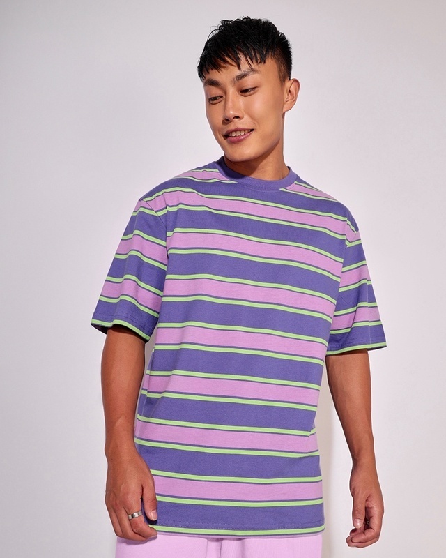 Shop Men's Very Peri Stripe Oversized T-shirt-Front