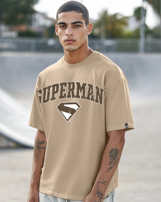 Shop Men's Warm Taupe Brown Superman Varsity Graphic Printed Oversized T-shirt-Front