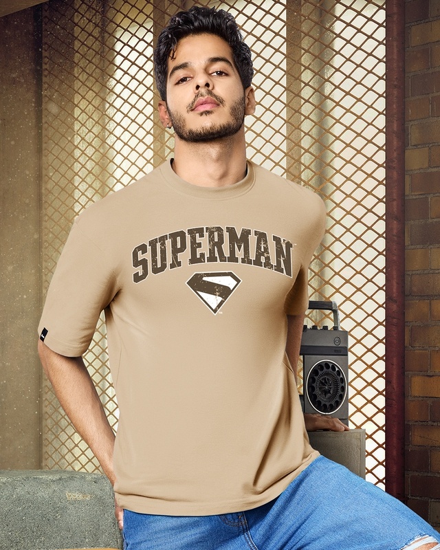 Shop Men's Warm Taupe Brown Superman Varsity Graphic Printed Oversized T-shirt-Front
