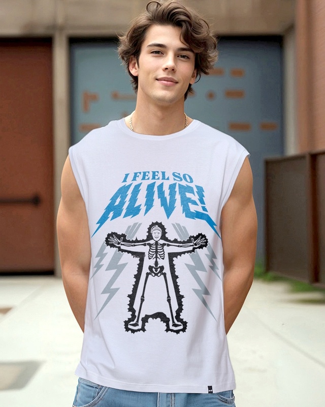 Shop Men's White Alive Graphic Printed Oversized Vest-Front