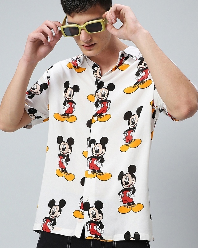 Shop Men's White All Over Mickey Printed Oversized Shirt-Front