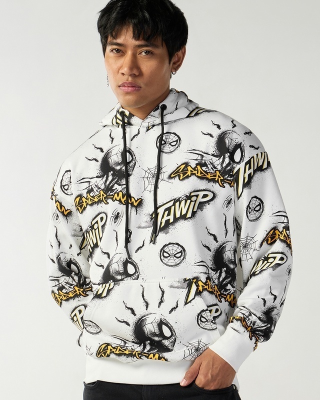 Shop Men's White All Over Printed Oversized Hoodies-Front