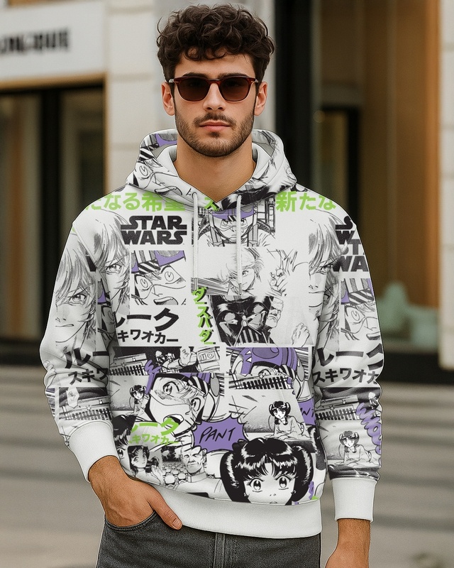 Shop Men's White All Over Printed Oversized Hoodies-Front