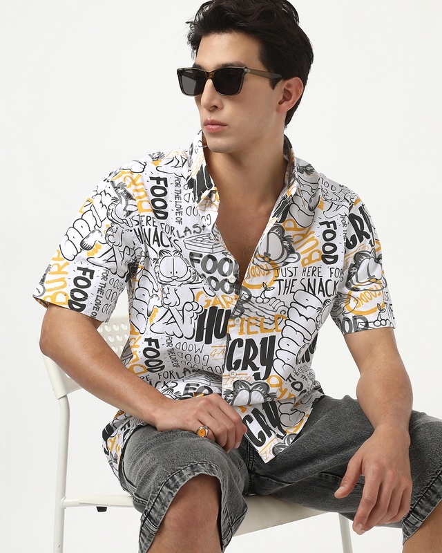 Shop Men's White Garfield All Over Printed Oversized Shirt-Front