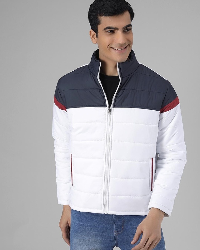 Shop Men's White & Blue Color Block Puffer Jacket-Front
