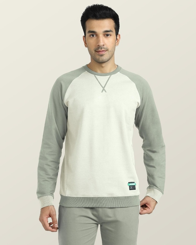 Shop Men's White & Green Color Block Sweatshirt-Front