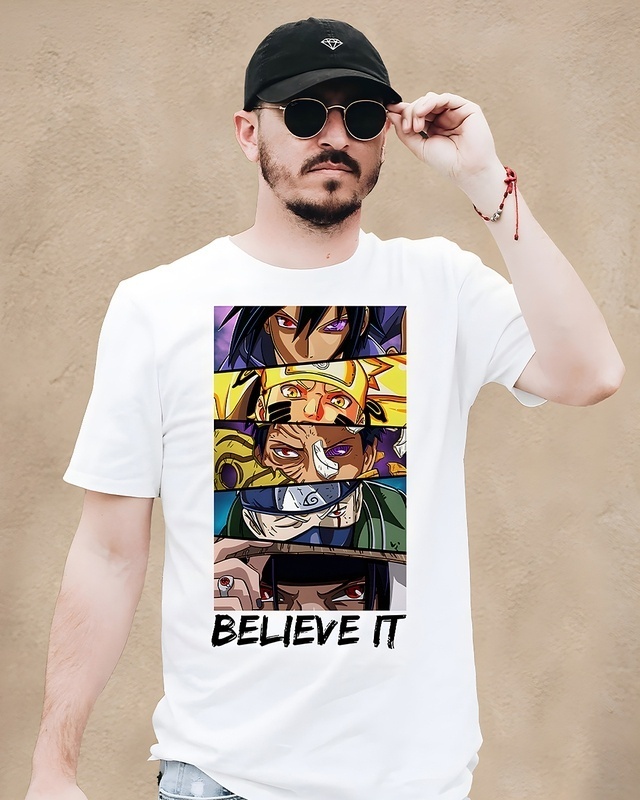 Shop Men's White Anime Believe It Graphic Printed Cotton T-shirt-Front