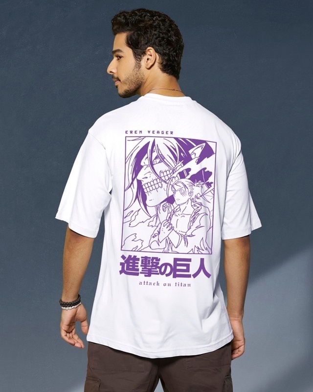 Shop Men's White AOT Founding Titan Graphic Printed Oversized T-shirt-Front