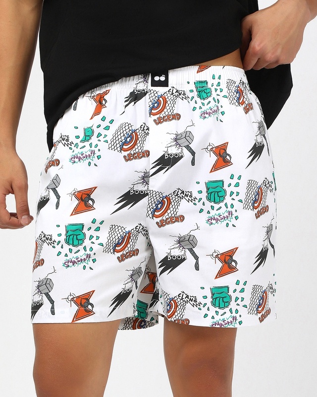 Shop Men's White Avengers All Over Printed Boxers-Front