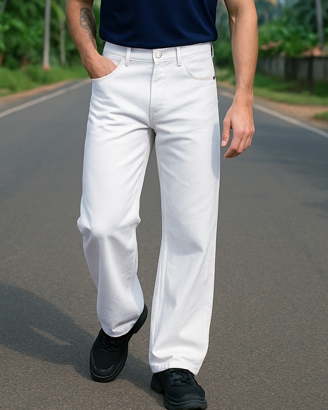 Shop Men's White Baggy Fit Mid-Rise Jeans-Front