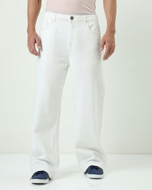 Shop Men's White Baggy Straight Fit Jeans-Front