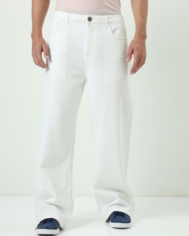 Shop Men's White Baggy Straight Fit Jeans-Front