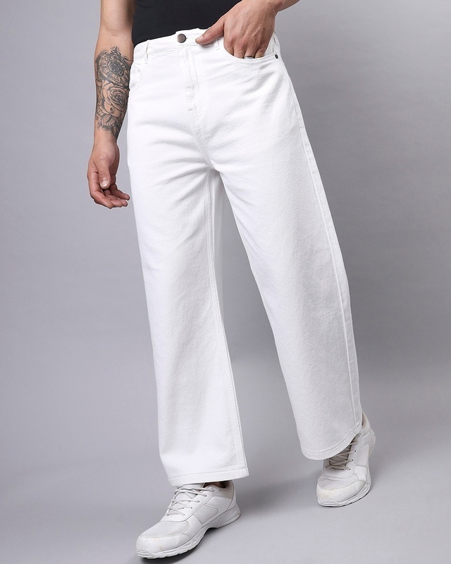 Shop Men's White Baggy Wide Leg Jeans-Front