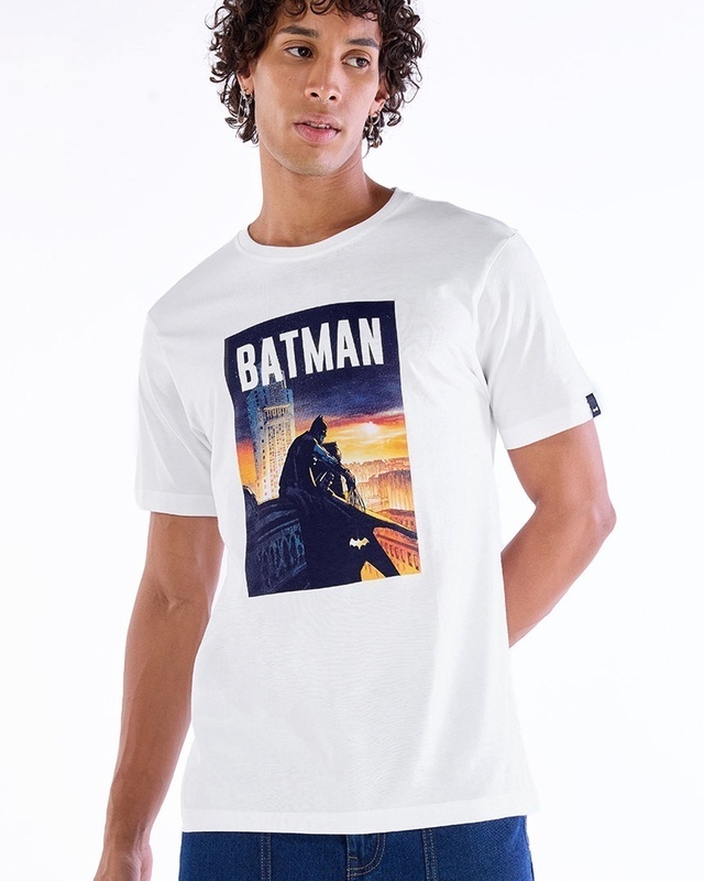 Shop Men's White Batman Poster Graphic Printed T-shirt-Front