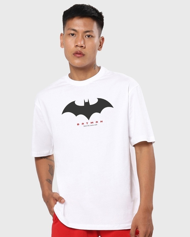 Shop Men's White Batman Outline Logo Graphic Printed Oversized T-shirt-Front