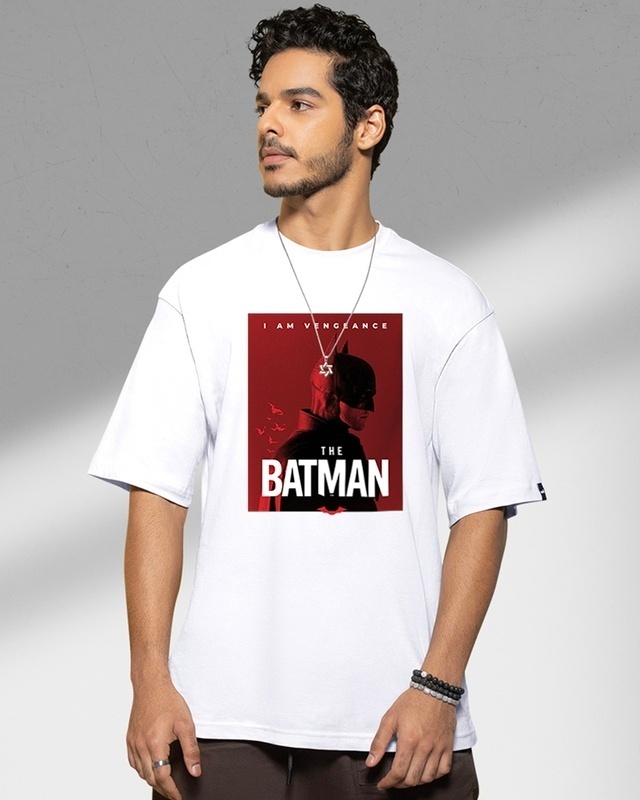 Shop Men's White Batman Poster Graphic Printed Oversized T-shirt-Front