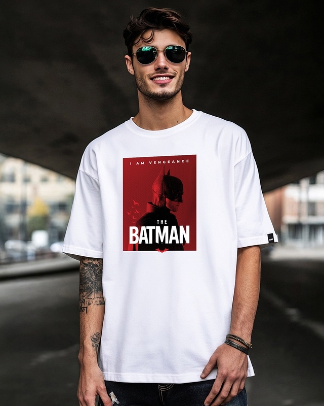 Shop Men's White Batman Poster Graphic Printed Oversized T-shirt-Front