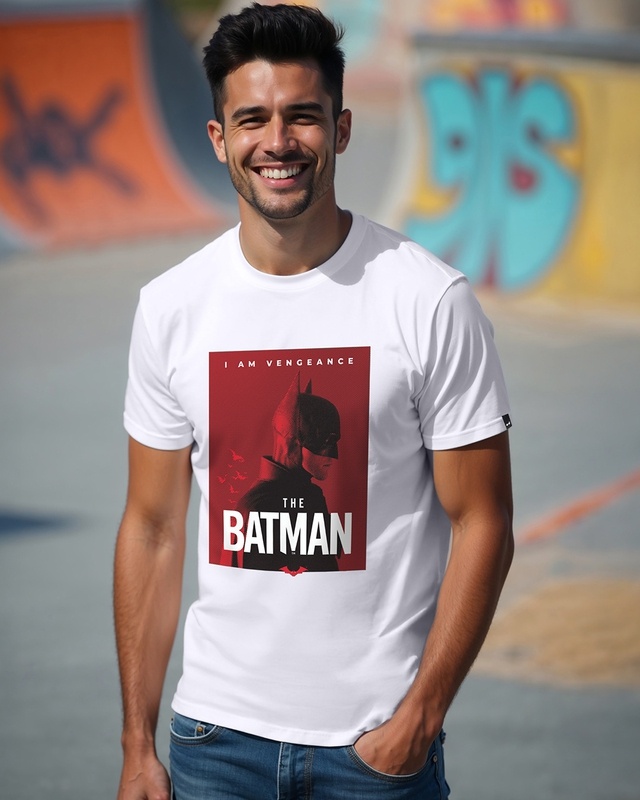 Shop Men's White Batman Poster Graphic Printed T-shirt-Front