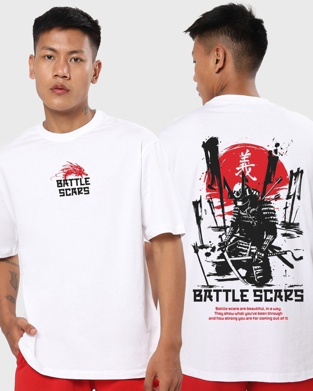 Shop Men's White Battle Scars Graphic Printed Oversized T-shirt-Front