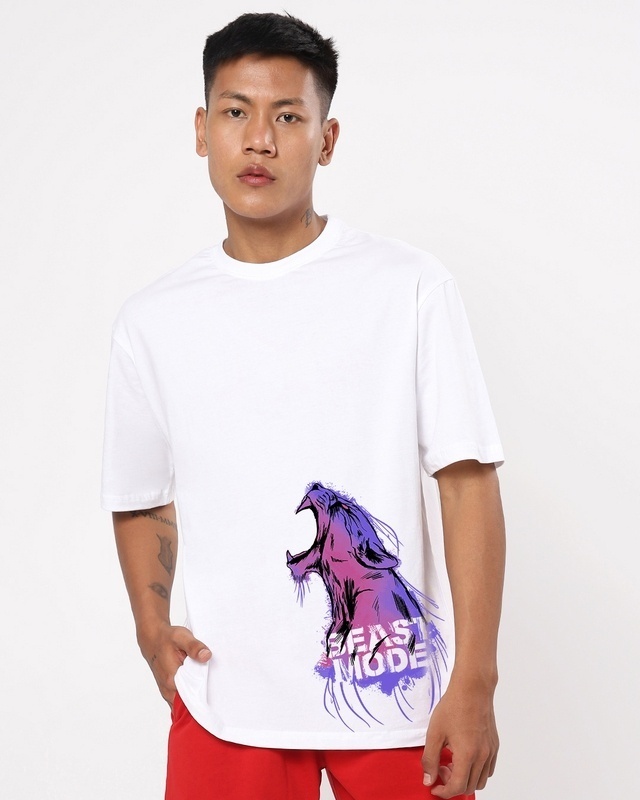 Shop Men's White Beast Mode Graphic Printed Oversized T-shirt-Front