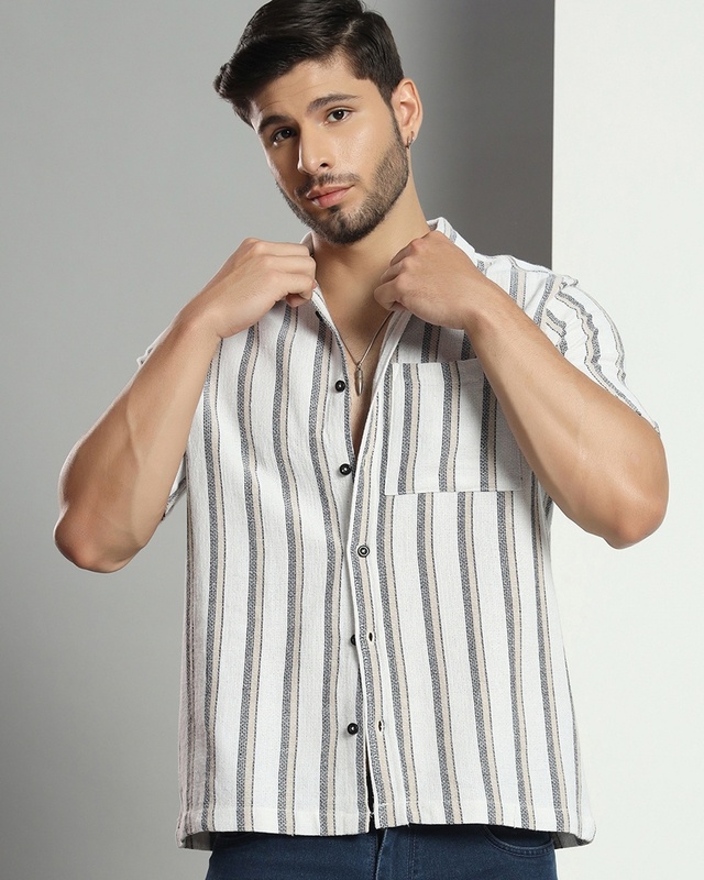 Men's White & Beige Striped Shirt