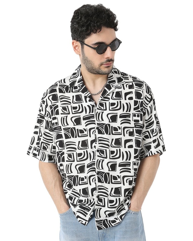 Shop Men's White & Black All Over Printed Relaxed Fit Shirt-Front