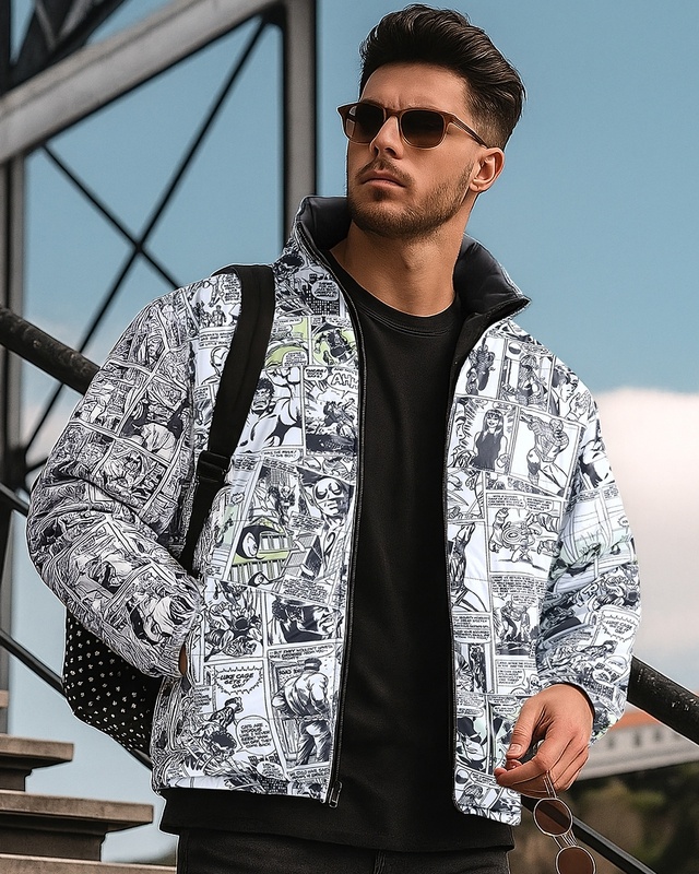 Shop Men's White & Black All Over Printed Oversized Reversible Zipper Puffer Jacket-Front