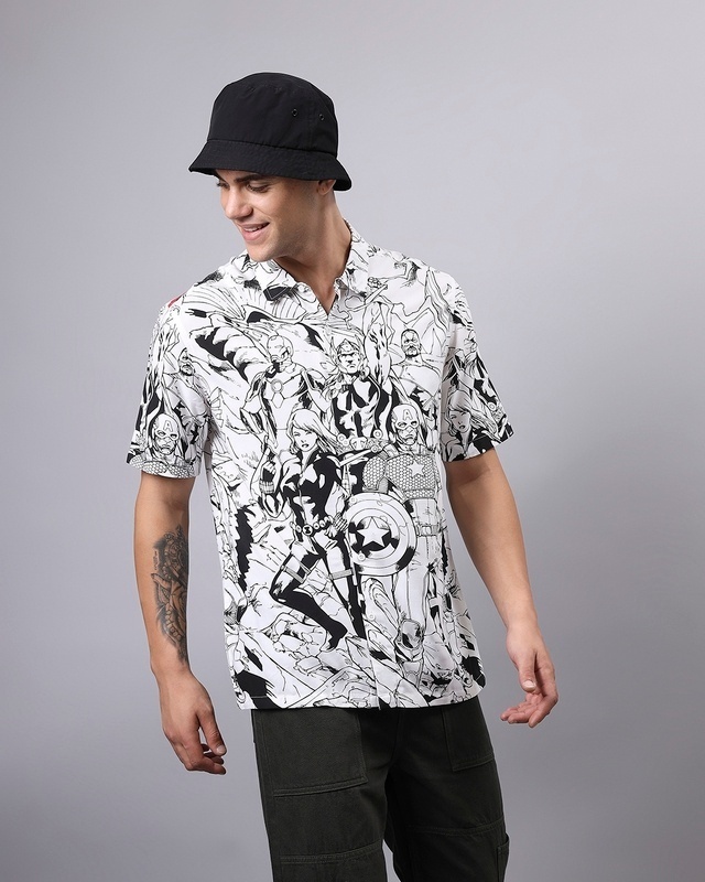 Shop Men's White & Black All Over Printed Oversized Shirt-Front