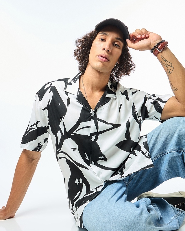 Shop Men's White & Black All Over Printed Oversized Shirt-Front