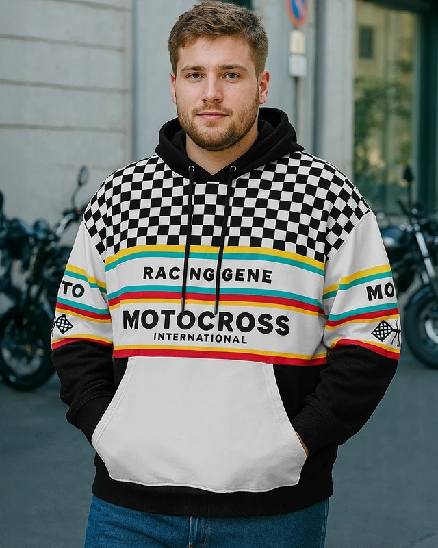 Shop Men's White & Black Color Block Oversized Plus Size Hoodies-Front